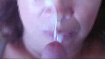 58-year-old mother receives two big cumshots from her stepson on her beautiful face and in her mouth