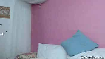 Fake big tits brunette amateur babe deep throats dildo in her bed then fucks it and masturbates with remote controlled vibrator in private webcam show