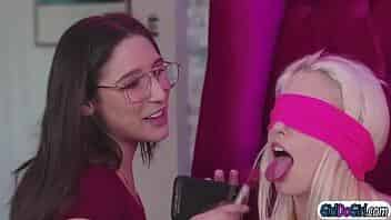 Chloe Cherry and Lily Rader get blindfolded for a tasting game.Abella Danger lets them tast lollipops and cookies before she offers them her pussy.Then she squirt in their faces and thats the start of them kissing, licking and squirting each other