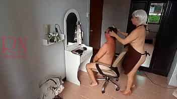 Do you want me to cut your hair? Nude barber and client. Naked hairdresser. Nudism s1