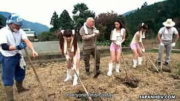 A group of teen Asian farm workers finish the day up and are treated to some drinks by the dudes. The babes decide to reward them by fucking them and they get creamed.