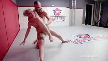 Skinny Arielle Aquinas naked sex wrestling fight vs Chad Diamond getting eaten and sucking cock